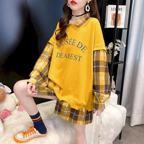 2021 Spring Autumn Women Pullover Plaid Stitching Fake Two-piece Jacket Thickening Korean Loose Large Size Top Harajuku Clothes