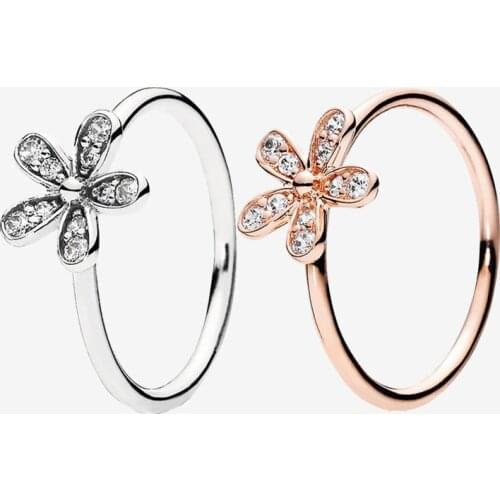 Original 925 Sterling Silver Pan Ring Shiny Rose Gold And Silver Daisy Ring For Women Wedding Party Gift Fashion Jewelry