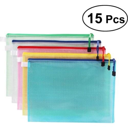 15Pcs A4 Pockets Folders Gridding Waterproof File Folders PVC Plastic Zipper Documents Organizer Pouch Filing Products File Bags