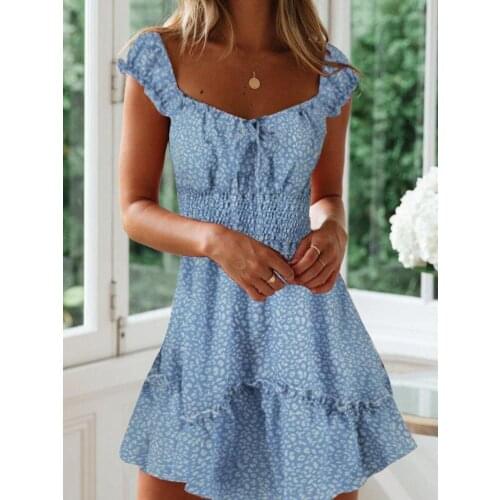 2020 Women Floral U Neck Ruffle Dresses Summer Sexy Floral Print Boho Beach Dress Ruffle Short Sleeve A Line Mini Dress