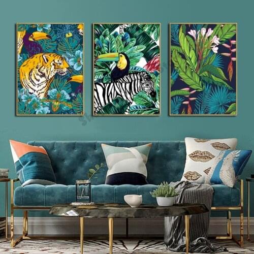 Toucan Flamingo Tiger forest Animal 3 Piece Diamond Painting Nordic Poster For Living Room Picture Triptych Painting ,GG5093