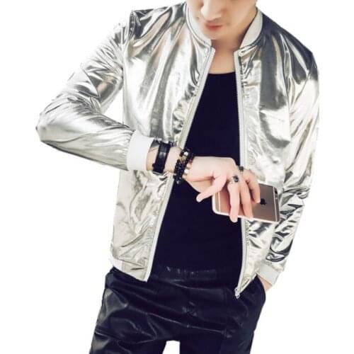 Glossy Silver leather jacket men Reflective sunscreen coat jaqueta de couro masculino motoqueiro mens leather coats