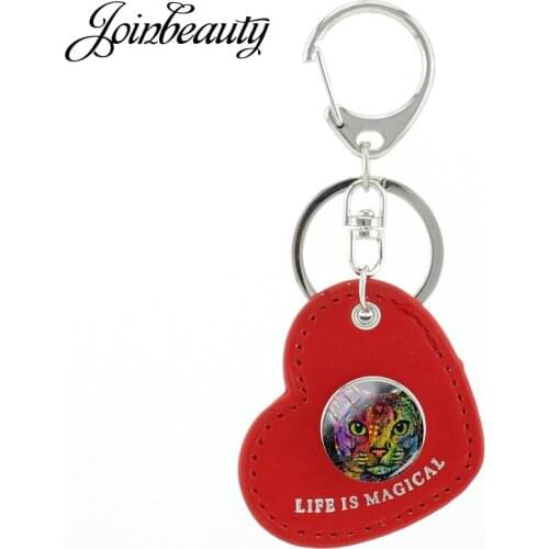 JOINBEAUTY Colorful Cat Animal Snap Buttons Keyrings Tea Cup Book Lovely Cat Red Love Heart Shape PU Leather DIY Keychain A115