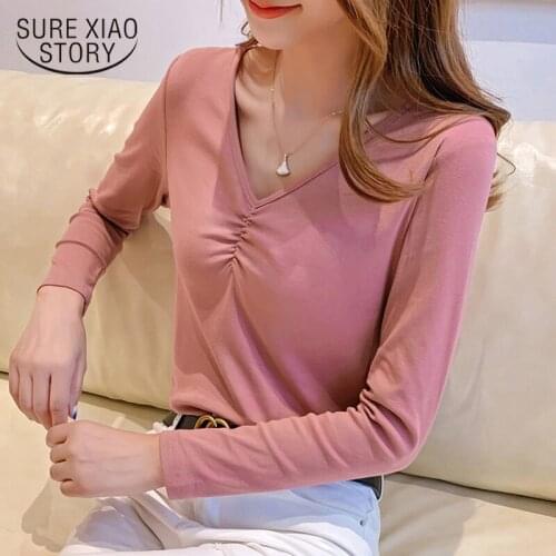 Sexy T-shirts Fashion Female Cotton Tshirt Autumn V-collar T-shirt Women Long-sleeved T-shirts Bottom Shirts Solid Tops 6977 50