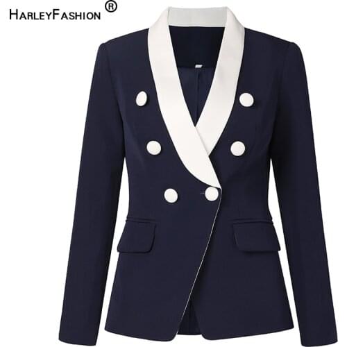 HarleyFashion Women New Fall Fittness High Quality Shawl Collar Royal Blue Slim Jacket Oiffce Lady Classic Work Blazer
