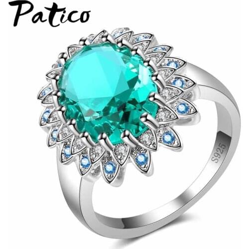 Big Flower Wedding Rings Women 925 Sterling Silver Finger Rings Green CZ Crystal Stone Jewelry Party Round Bague Dropship