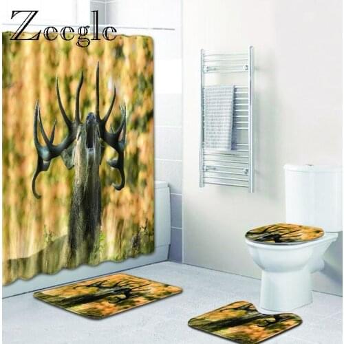 Zeegle Wapiti Pattern Bathroom Mat Non-Slip Pedestal Rug Lid Toilet Cover Bath Mat with Shower Curtain Set Absorption Bath Rug