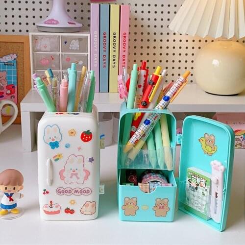 Creative Cartoon Refrigerator Pen Holder With 1PC DIY Sticker Desktop Pecil Pens Makeup Brush Storage Box School Stationery