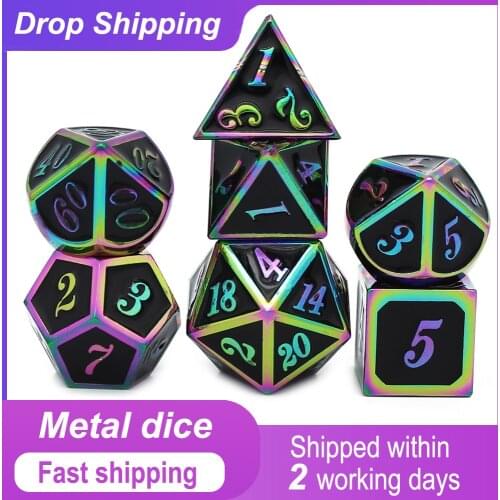 Metal Dice D4 D6 D8 D10 D% D12 D20 With Black Soft Pouch for DnD RPG Board Games Colorful Black 7 Pcs Dice Set Box Fast Shipping