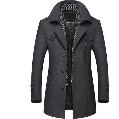 Mens Thick Woolen Coat Winter Windproof Scarf Wool Long Jacket Fashion Casual Cotton Warm Outwear Male MT010