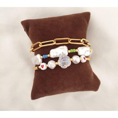 Gilry Gold Color Plating Chunky Chain Irregular Pearl Colorful Bead Heart Rose Charm Layered Bracelet Anklet For Women Kids Set