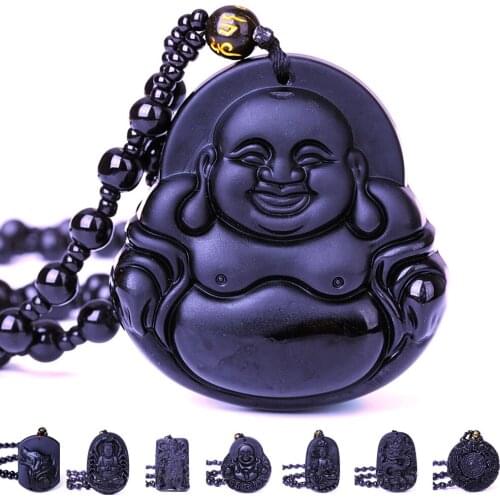 Natural Black Obsidian 3D Carved Buddha Auspicious Chain Pendant Lucky Amulet Necklace Pendants For Women Men Fashion Jewelry