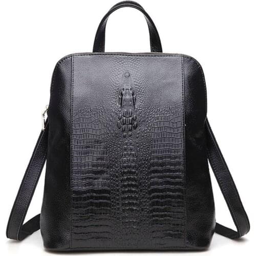 100% Genuine Leather Knapsack Ladies Crocodile Pattern Women Backpack Girl Notebook Schoolbags Travel Bags High Quality
