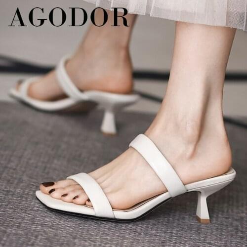 AGODOR Genuine Leather Slides Square Toe Woman Shoes High Heels Kitten Heel Slippers Sandals Casual Footwera Ladies Summer 33-40
