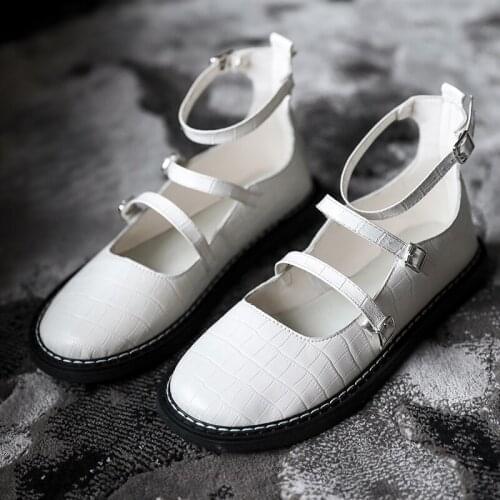 Women Flats Mary Janes Cross Buckle Strap Leather Shoes Ruffle Round Toe Black Lolita Shoes Girls Cosplay Kawaii Shoes