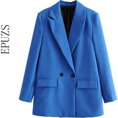 ZA 2021 blue Double Breasted Blazer women blazer femenino Notched Collar Long Sleeve suit jacket casual office Outerwear