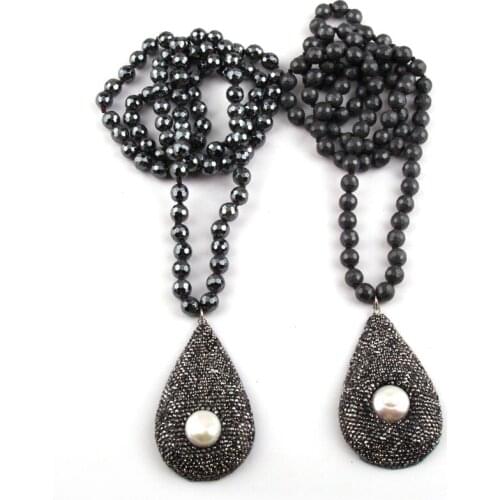 Fashion Faceted Hematite Stone Long Knotted Neck Handmade Crystal Paved Pearl Drop Pendant Necklaces Women Ethnic Necklace