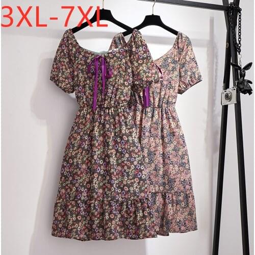 New 2021 summer plus size dress for women large short sleeve loose floral print flower bow dress red green 3XL 4XL 5XL 6XL 7XL