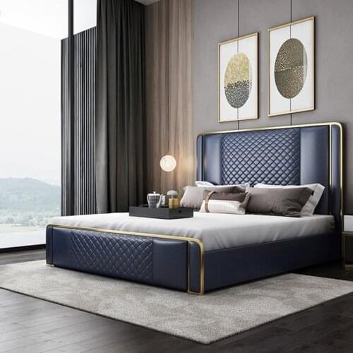 1.5/1.8m Light Luxury Double Bed Home Nordic Modern Simple Solid Wood Bed Frame Ergonomic Microfiber Leather Bedroom Wedding Bed