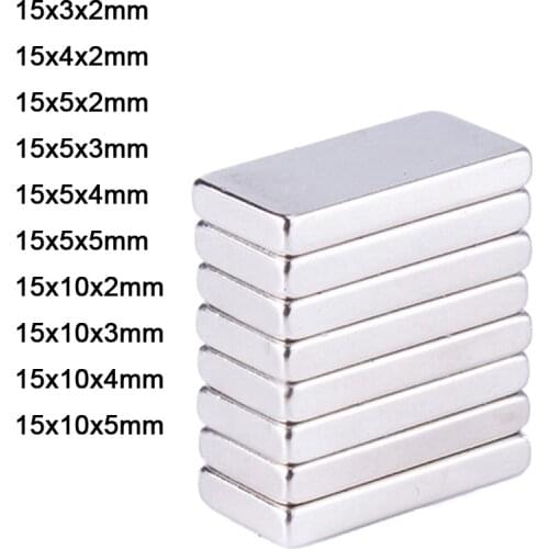 10pcs Rectangle Magnets 15x3mm 15x4mm 15x5mm 15x10mm Thick 2/3/4/5mm Neodymium Block Rare Earth Strong Craft Magnet N35