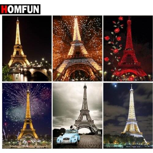 HOMFUN Full Square/Round Drill 5D DIY Diamond Painting "Night view Iron tower flower" 3D Embroidery Cross Stitch 5D Home Decor
