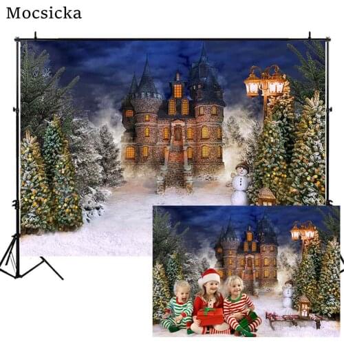 Mocsicka Winter Snowy Castle Forest Photo Background Kid Child Portrait Photography Backdrop Snowman Christmas Tree Studio Props