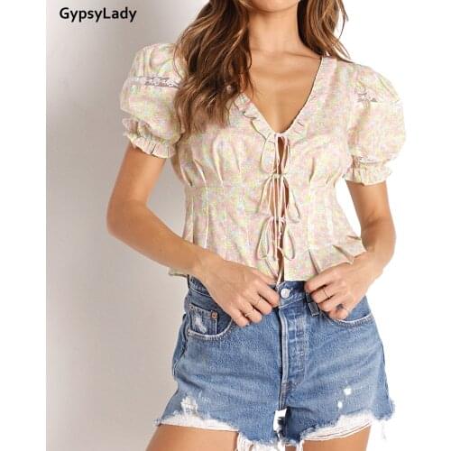 GypsyLady Floral Printed Slim Blouse Shirt Puff Sleeve Vintage Summer V-neck Sexy Women Blouse Ruffles Holiday Female Ladies Top