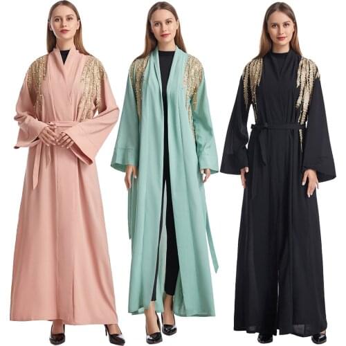 Ramadan Eid Diamond Beading Abaya Dubai Kaftan Muslim Robes Abayas Women Casual Robe Femme Caftan Islam Clothes With Belt F2918