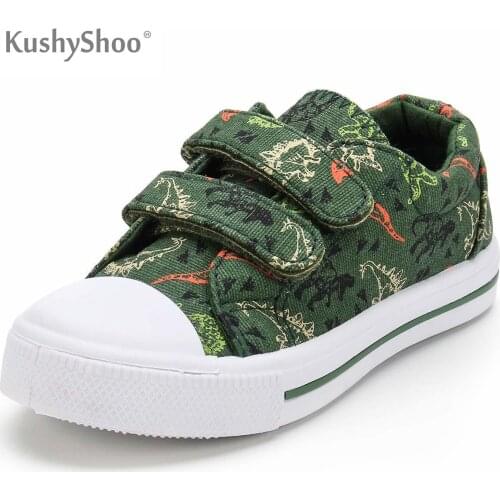 KushyShoo Kids Shoes Cartoon Dinosaur Printed Dual Hook & Loop Childrens Sneakers Girl Boy Toddler Sneakers Canvas Shoes