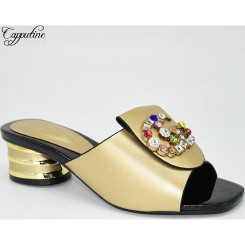 Hot Sale Gold Slippers African High Heel Womens Pumps Shoes With Rhinstones 86-9 Heel Height 5CM