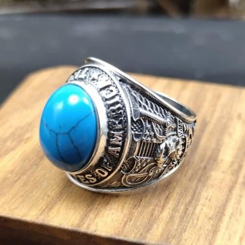 BOCAI New 100% pure 925 silver domineering Man ring inlaid with turquoise retro personality fashion jewelry