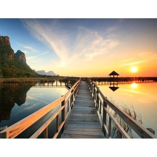 129x99cm Sunsets Bridge Wooden Lake Landscape Posters and Prints Canvas Painting Cuadros Wall Art Picture for Living Room