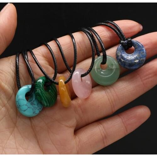 Natural Stone Agates PictureYellow Jades Lapis Lazuli Wax Line Necklace Pendant Jewelry Gift Size 18mm Length 40cm Hole 5.5mm