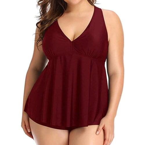 2021 New Swimwear Womens Solid Two Pieces Swimsuit Ruched Tankini Plus Size Bathing Suit Vintage Tummy Control Bodysuits