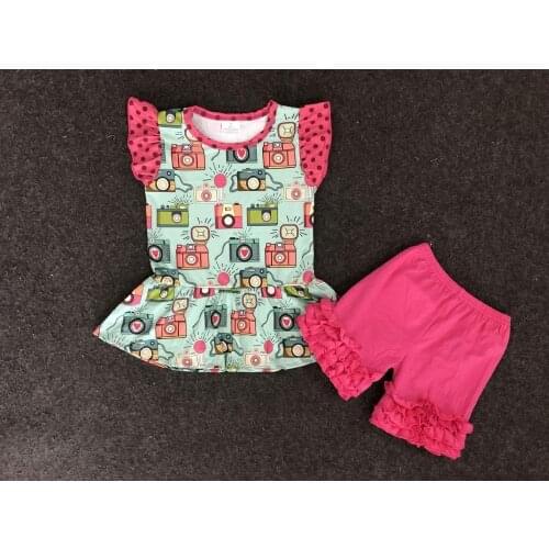 New arrival camera outfits baby girls cute cartoon t shirt+red cotton shorts 2 pcs set kids boutique childrens clothing gxj