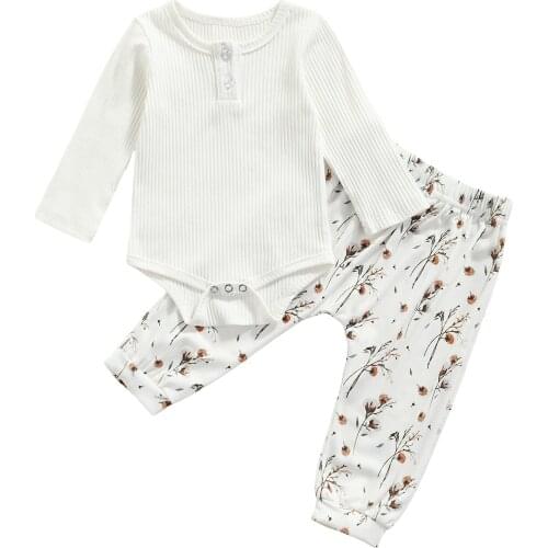 Citgeett Autumn Infant Baby Girls Fall Outfits Long Sleeve Button Rib Knit Romper + Floral Pants Clothes Spring Set