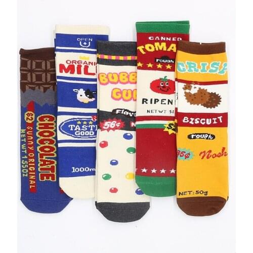 PEONFLY Kawaii Novelty Colorful Cotton Socks Women Streetwear Cute Lovely Funny Biscuit Tomato Milk Cartoon Pattern Girl Socks