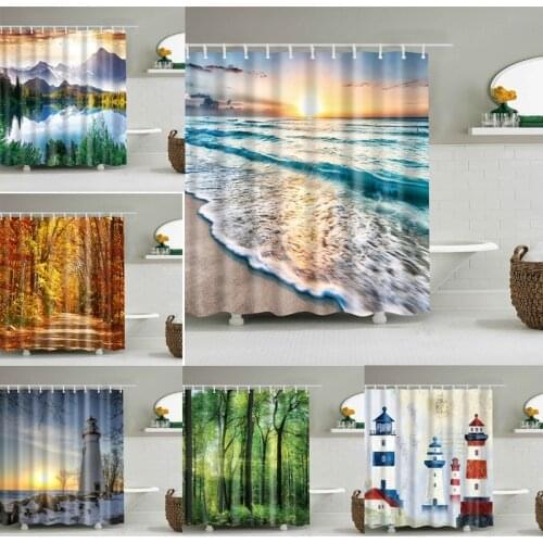 Beach Trees Scenery Print Shower Curtain Waterproof Bathroom Curtains with 12 Hooks Home Decor Bath Curtains for Bathroom Cover