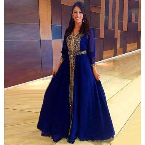 Luxury Sparkly Gold Beaded Muslim Evening Dresses 2019 Dubai Kaftan Formal Party Moroccan Royal Blue Prom Dresses Floor-Length
