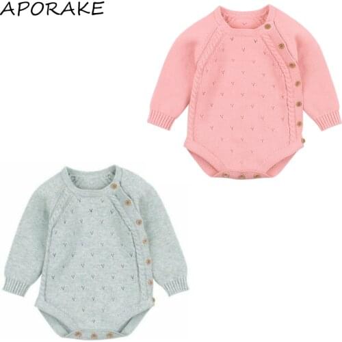 2021 0-18M Baby Spring Autumn Knit Romper Casual Boys Girls Long Sleeve Fashion Solid Color Oblique Breasted Triangle Jumpsuit