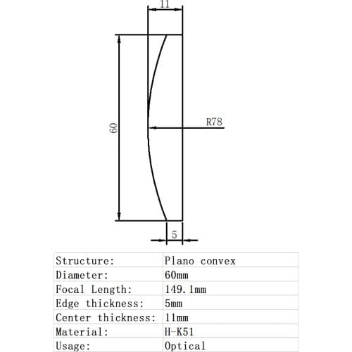 Plano Convex Lens Diameter 60mm Focal Length 149.1mm H-K51 Glass Lens Optical Glass Optical Lens