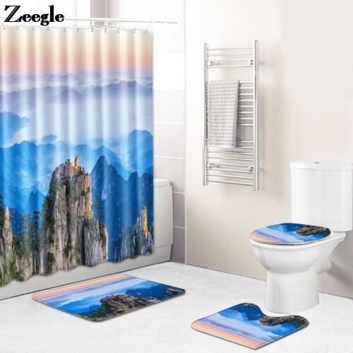 Bathroom Shower Curtain and Landscape Print Bath Mat Set Home Decor Toilet Carpet Rug Absorbent U-Shaped Toilet Rug Foot Mat Set