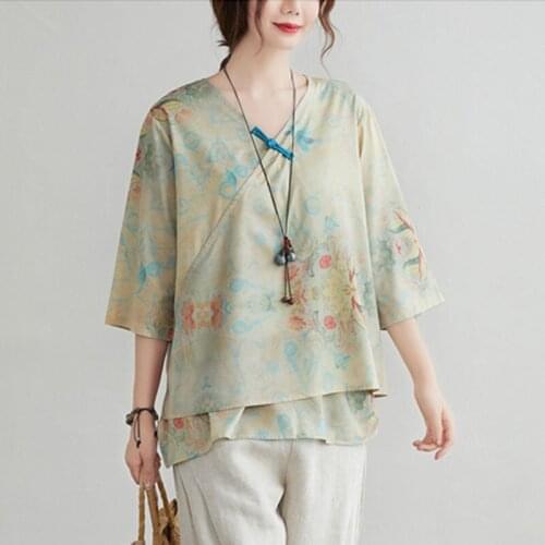 Women Summer Casual Blouses Shirts New Arrival 2021 Vintage Style V-neck Floral Print Loose Comfortable Female Tops S3156