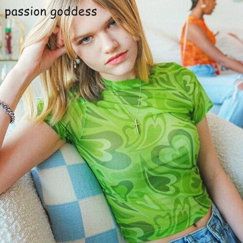 New 2021 Women Plus Size Summer Heart Print Sexy Mesh Bodycon T Shirts O Neck Short Sleeve Casual Ladies Graphic Tees Crop Tops