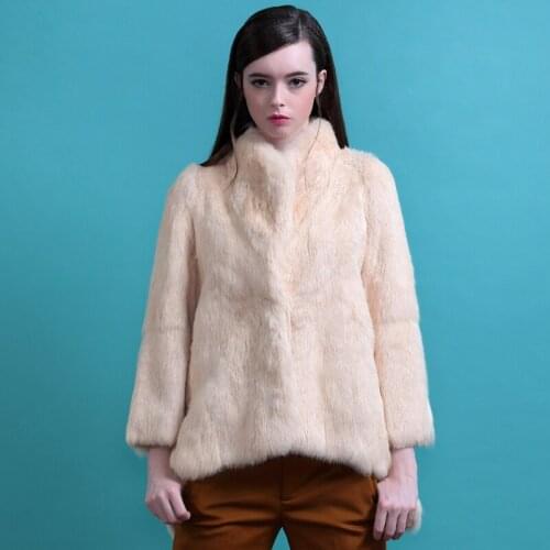 Genuine real natual full pelt rabbit fur coat women fashion mandarin collar whole skin fur jacket ladies outwear