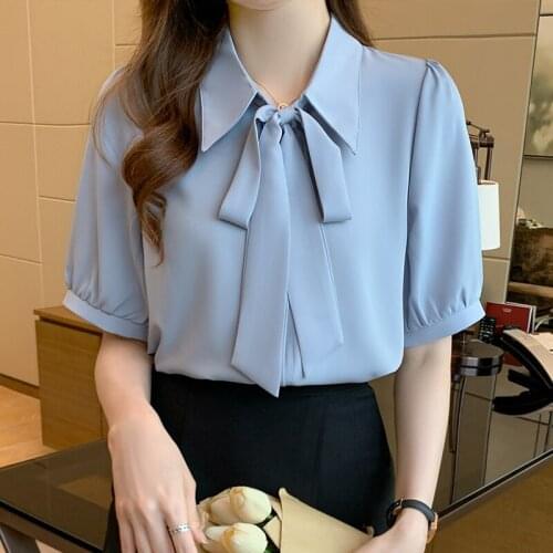 Summer Sweet Chiffon Shirt Temperament Bowtie Womens Blouses and Tops Elegant Button up White Shirts for Women Korean Blouse
