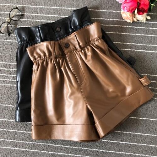 2021 Spring Summer Fashion Women Sheepskin Genuine Leather Loose High Waist Shorts Pants 2 Color