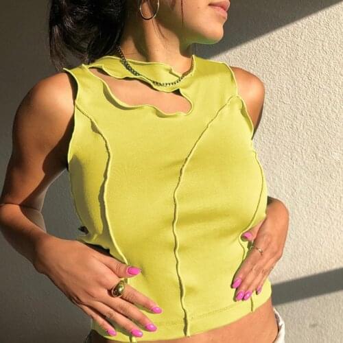 Women Summer Sexy Solid Color Hollow Out Vest Female Casual Ruffle Trim Asymmetric Cut Out Sleeveless Tees Tank Tops