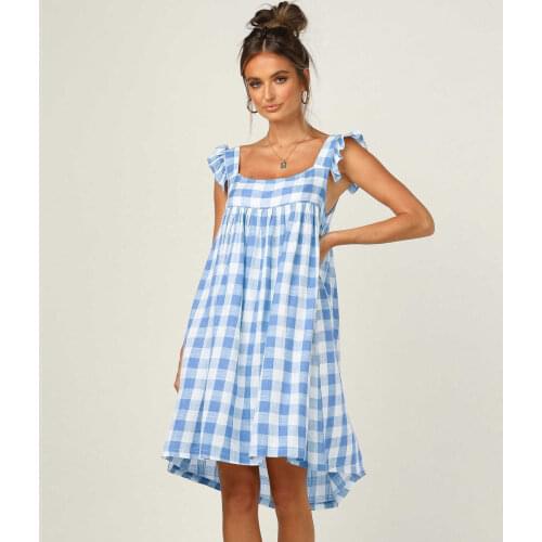 2021 Fashion Ladies Plaid Spring Summer Casual Dress Square Collar Sleeveless Natural Waist Ruffles Womens Short Dress