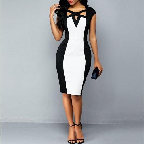 OTEN Vintage Work Office Elegant Bodycon Dress Women Cap Sleeve Sexy Cross Cut Out Contrast Color Business Party Sheath Dresses